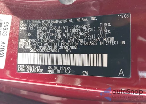 2009 Toyota Sienna Le из США, поврежденный, VIN 5TDZK23C69S270024